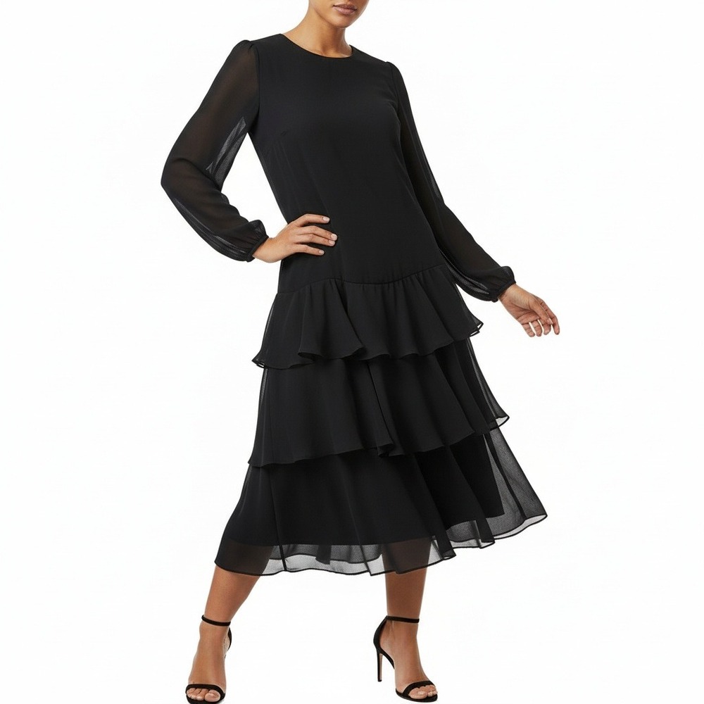 Robert Courtney Women Dress Tiered Ruffle Chiffon Long Sleeve‎ Vintage Black S/M